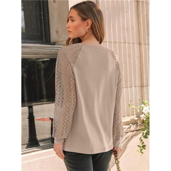 Womens Long Sleeve Shirts Pleated Lace Tops Fall Fashion Outfits - Picture 4 of 7